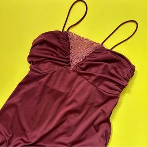 Vintage 70s Rusty Red Crochet Ruched Babydoll Full Length Prom Dress